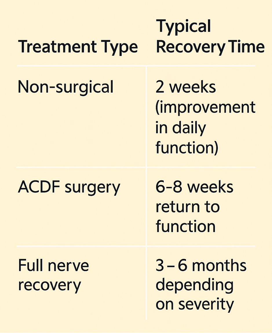 Cervical Radiculopathy Recovery Timeline Table explains Cervical Stenosis Treatment Recovery Timeline | Mangattil Rajesh | Spine Surgeon London | www.spinesurgeon.london