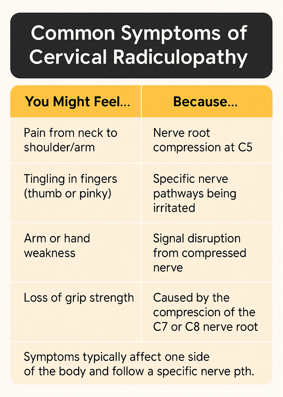 Common Symptoms of Cervical Radiculopathy Table explaining the symptoms of Cervical Radiculopathy
